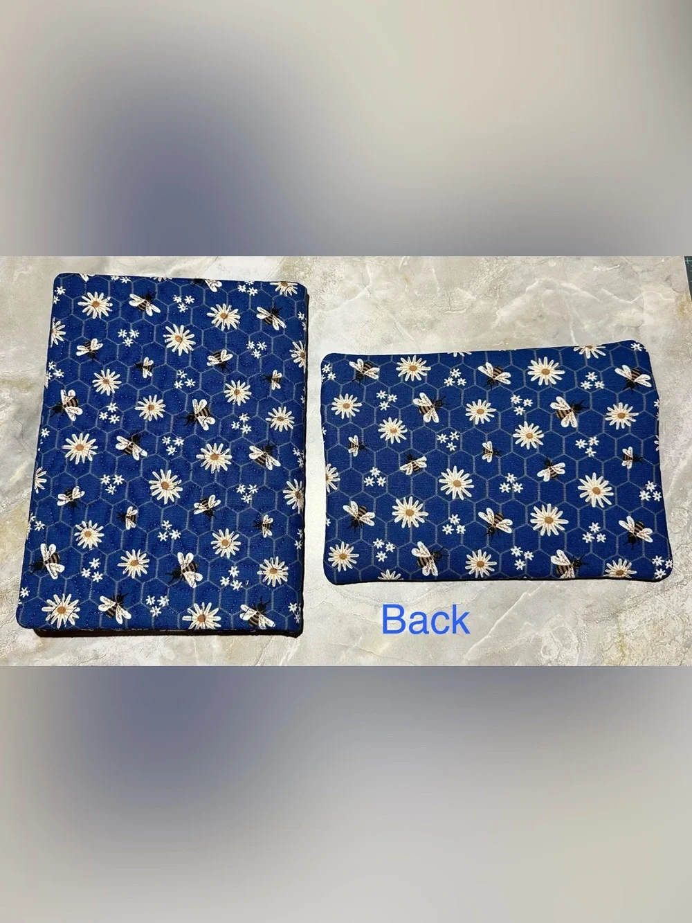 Blue Bee & Flowered Quilted Notebook Cover and Zipper Pouch Set